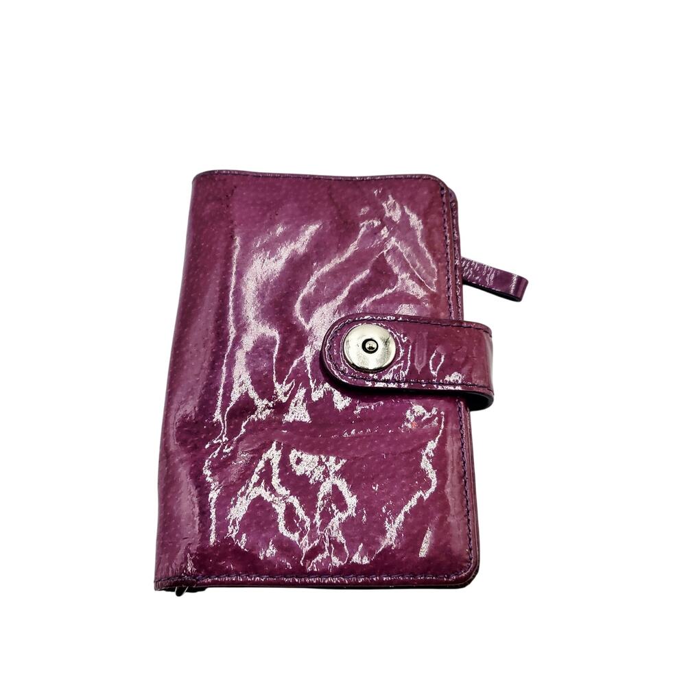 Lodis Glossy Purple Patent Leather Trifold Envelope Wallet Snap Button Closure